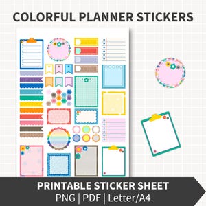 Puede incluir: Una hoja de pegatinas de planificador coloridas con varias formas y diseños. Las pegatinas incluyen círculos, rectángulos, pancartas y formas de portapapeles, con patrones florales y geométricos. Se muestra el texto "COLORFUL PLANNER STICKERS" y "PRINTABLE STICKER SHEET".