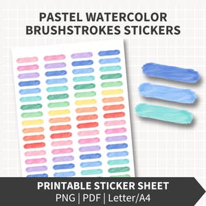Op de afbeelding: Een printbaar stickervel met rijen pastelkleurige aquarel penseelstreken in diverse kleuren. De tekst bovenaan luidt PASTEL WATERCOLOR BRUSHSTROKES STICKERS en de tekst onderaan luidt PRINTABLE STICKER SHEET PNG | PDF | Letter/A4.