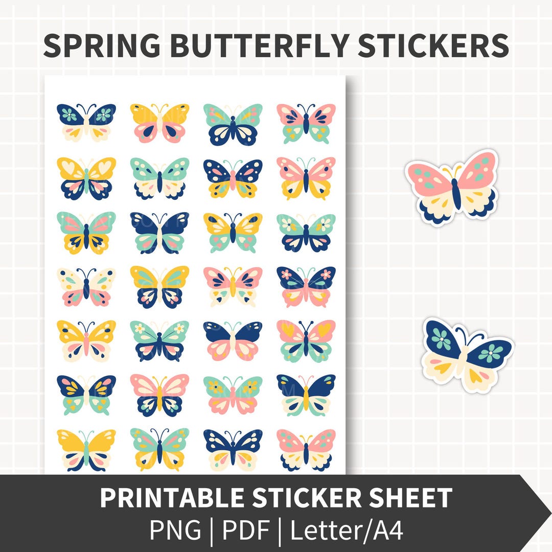 BUTTERFLY Stickers Printable, Spring Summer Butterfly Designs Yellow ...