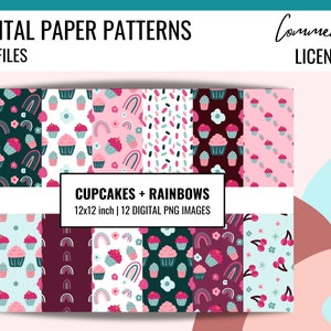 CUPCAKES RAINBOWS Digital Paper Digital Pattern for Stickers, Rainbows Cupcakes Planner Papers Seamless Digital Patterns, Commercial License