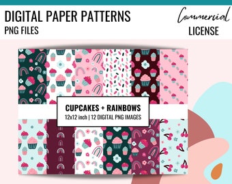 CUPCAKES RAINBOWS Digital Paper Digital Pattern for Stickers, Rainbows Cupcakes Planner Papers Seamless Digital Patterns, Commercial License