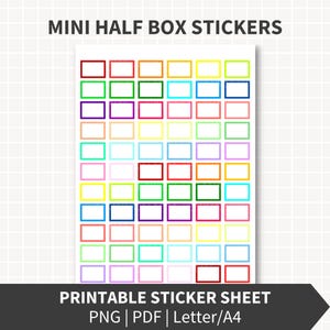 Puede incluir: Una hoja de pegatinas imprimibles con el texto "MINI HALF BOX STICKERS" en la parte superior. La hoja está llena de cajas rectangulares de colores. La parte inferior de la hoja tiene el texto "PRINTABLE STICKER SHEET PNG | PDF | Letter/A4".
