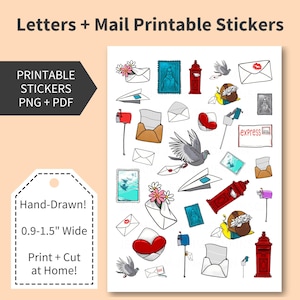 Adesivos para impressão de cartas Happy Mail, ilustrações decorativas desenhadas à mão, imprimíveis ilustrados, planejador de folhas de adesivos de clip art, arquivo de corte