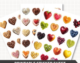 FOOD HEARTS druckbare Aufkleber, ästhetische Printables, Stickerbogen, 60 Herzen bündeln Junk Journal Kit fussy Schnitte, Scrapbook digitaler Download