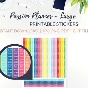 May include: A set of printable Passion Planner stickers in a variety of colors. The stickers are designed to help you organize your time and schedule. The stickers are available for instant download in JPG, PNG, and PDF formats.