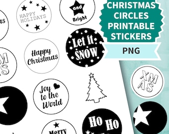 Adesivos de Natal Monocromáticos Circulares para Imprimir, Adesivo de Natal Redondo de 2" para Cartões ou Decoração de Presentes, PNG Festivo, Arquivos de Corte Cricut, Silhueta