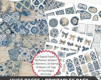 JUNK JOURNAL Kit Printables Sticker Kit, Vintage Blaue Ephemera Shabby Journaling Boho Digitale Aufkleber Scrapbook Papier, Blau Fussy Schnitte