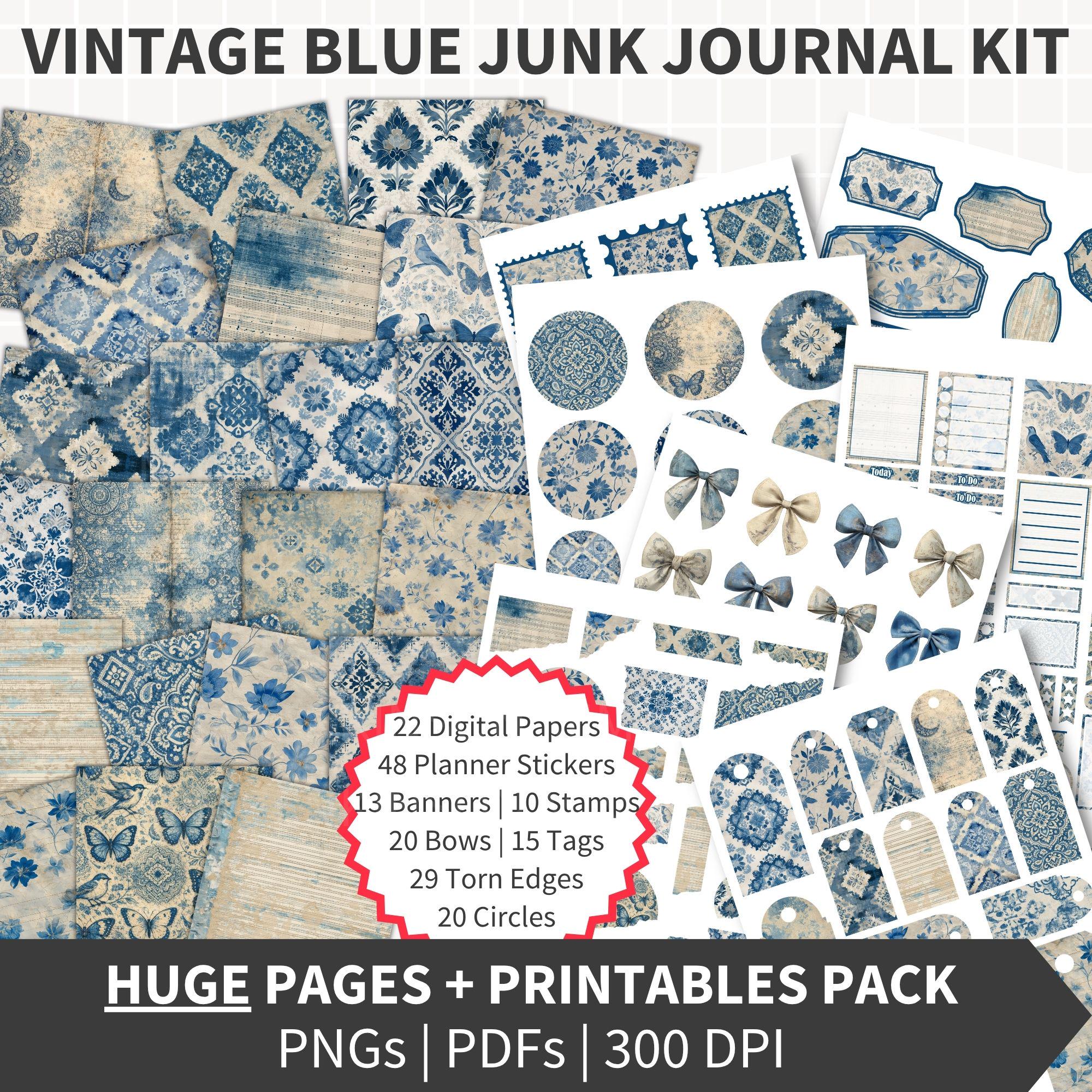JUNK JOURNAL Kit Printables Sticker Kit, Vintage Blue Ephemera Shabby ...