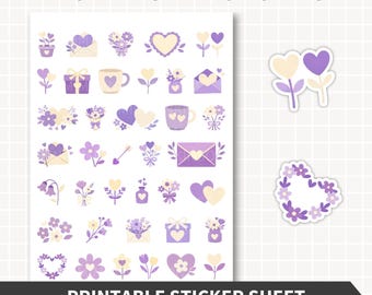Lila Blumen Aufkleber Liebesthema Blumenstrauß Aufkleber Niedliche Herzen Geschenke Scrapbook Journal Aufkleber PNG Pdf Craft Sticker Kit