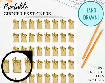 GROCERY BAG Printable Stickers, Groceries Planner Sticker, Hand Drawn, Shopping Bags, Printable Grocery Shopping Stickers for Planners