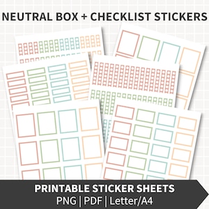 May include: Printable sticker sheets with the text "NEUTRAL BOX + CHECKLIST STICKERS". The sheets feature various box and checklist designs in pastel colours. The bottom of the image reads "PRINTABLE STICKER SHEETS PNG | PDF | Letter/A4".
