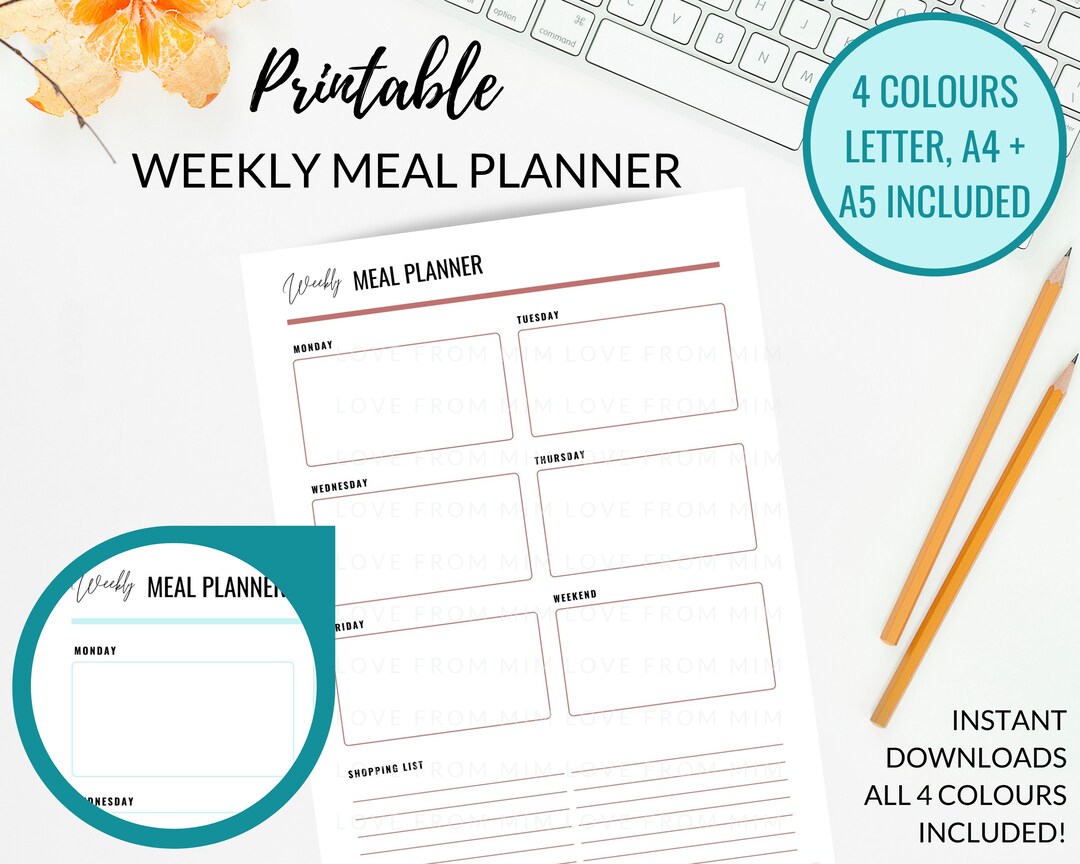Weekly MEAL PLANNER in 4 Colours A4 Letter Size Meal - Etsy