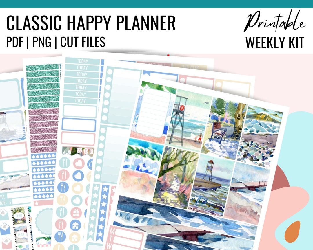 COASTAL PRINTABLE Planner Stickers, Weekly Planner Kit Classic Happy ...