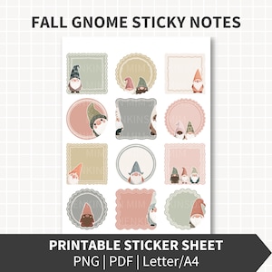 Könnte beinhalten: Ein bedruckbares Stickerbogen mit herbstlichen Zwergen-Designs. Das Blatt enthält quadratische, kreisförmige und wellenförmige Aufkleber mit Zwergen mit Hüten. Der Text enthält "FALL GNOME STICKY NOTES" und "PRINTABLE STICKER SHEET".