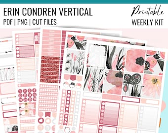 PRINTABLE FLOWERS Planner Stickers, Erin Condren Vertical Planner, Flowers Stickers Kit, Flowers Weekly Stickers Kit, Black Pink Flowers