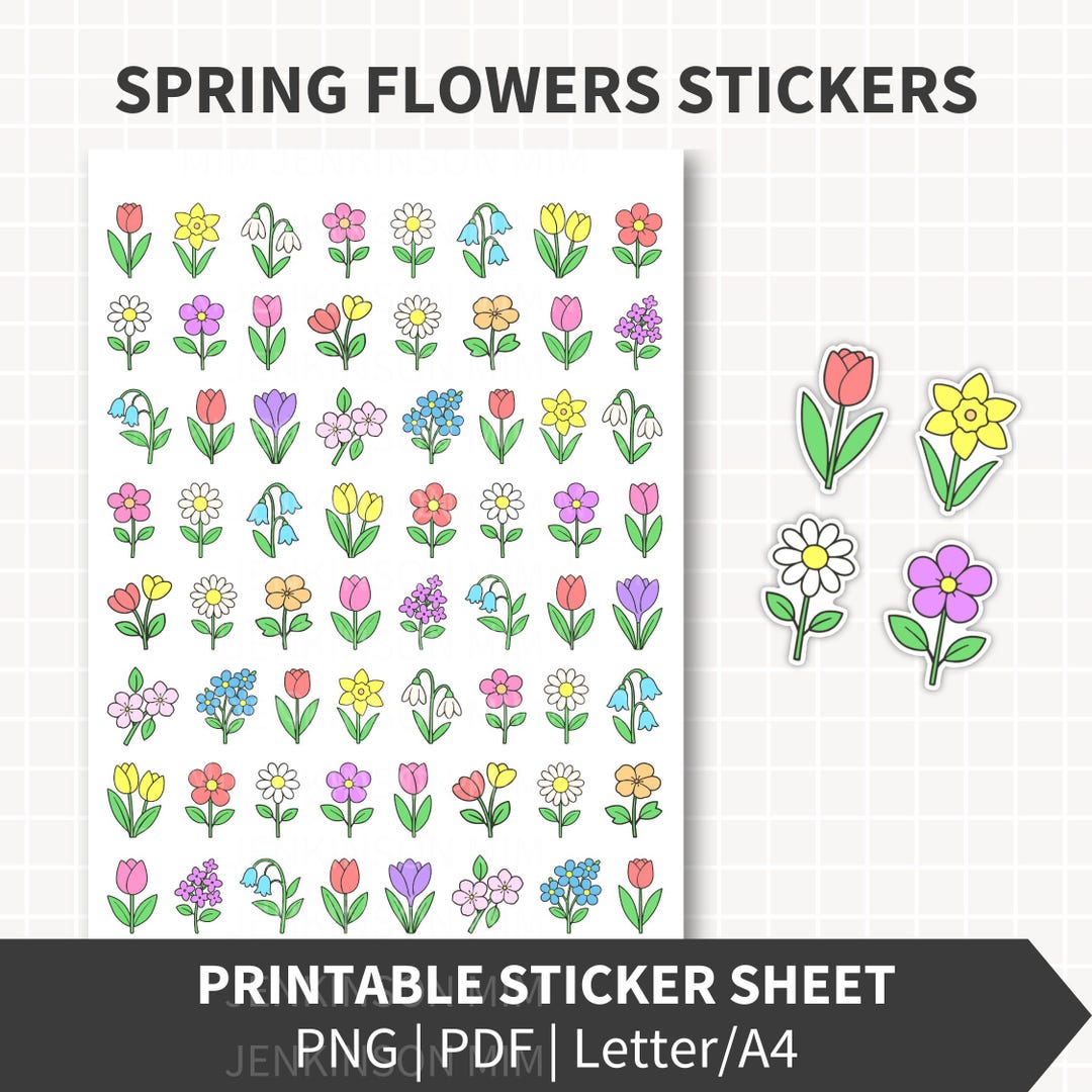 SPRING FLOWER Stickers Printable, Simple Floral Designs 1 Inch High, 64 ...