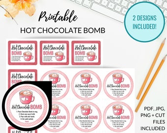 HOT CHOCOLATE Bomb Tag Printable, Printable Hot Cocoa Bomb Tag, 2 Designs, Hand Drawn, Hot Chocolate Gift Tag