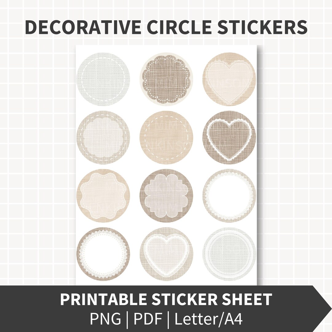 White Circle Sticker Pattern FABRIC LACE Circle Stickers Printable, 2 Inch Neutral Cream White Grey ...