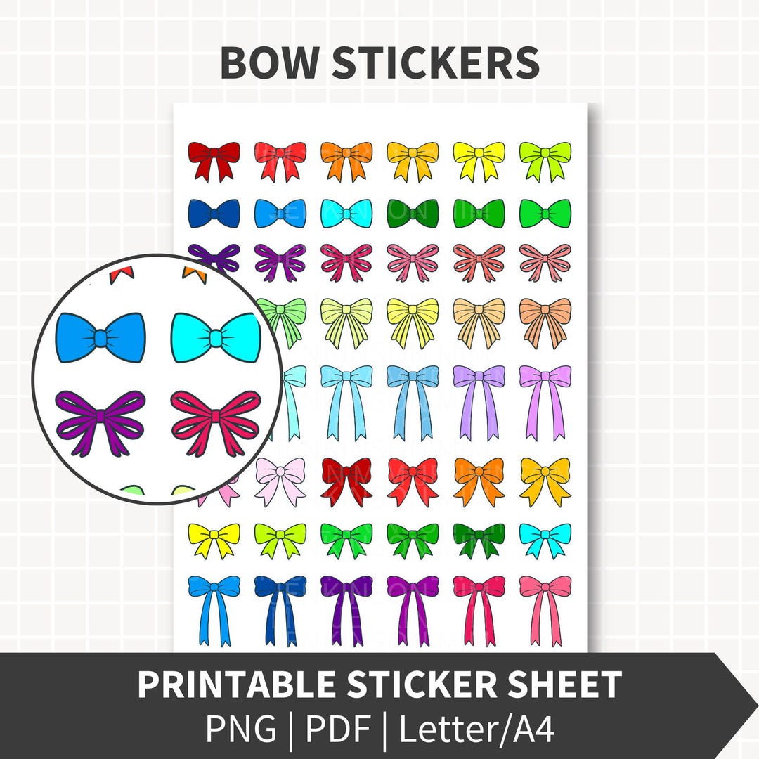 Simple Bow Sticker BOW Printable Stickers, Decorative Bow Designs 1 Inch Wide, 48 Planner ...