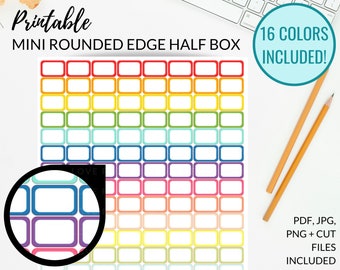 MINI HALF Box Round Edge Printable Planner Stickers + Cut Files, Printable Half Box, Mini Half Boxes Printable Planner Stickers