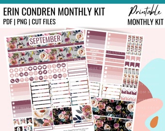 PRINTABLE SEPTEMBER Planner Stickers, Printable Erin Condren, Monthly Kit, Monthly Planner Stickers, Floral Monthly Kit, Dusk