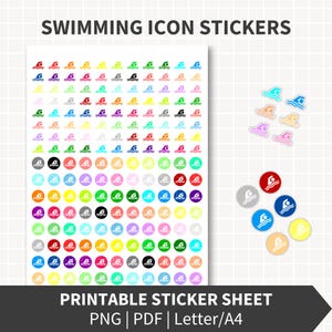 Puede incluir: Una hoja de pegatinas de iconos de natación de colores. Las pegatinas presentan un nadador con olas. Las pegatinas son de varios colores, incluyendo rojo, azul, verde y amarillo. También se ve el texto "SWIMMING ICON STICKERS" y "PRINTABLE STICKER SHEET".
