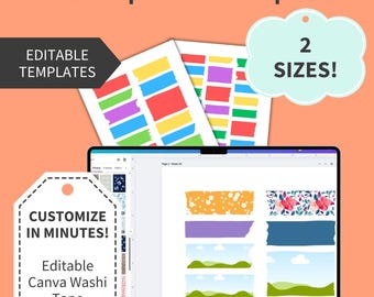 Plantilla de cinta washi editable en CANVA, personalizable para uso comercial, plantillas de pegatinas rellenables con arrastrar y soltar para planificadores, personalizables.
