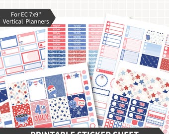 KAWAII 4. JULI Druckbare Planer Aufkleber Erin Condren Vertikale Wochen Kit USA Unabhängigkeitstag, dekoratives funktionales Amerika