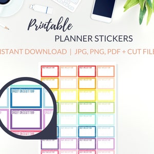 DAILY DECLUTTERING Printable Stickers PDF, Decluttering Stickers with Cut Files | Minimalist Planner Sticker