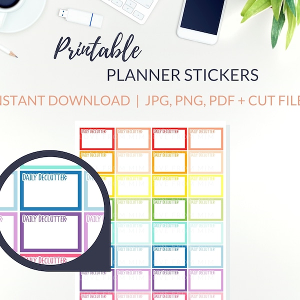 DAILY DECLUTTERING Printable Stickers PDF, Decluttering Stickers with Cut Files | Minimalist Planner Sticker