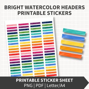 Puede incluir: Una hoja de pegatinas imprimibles con filas de encabezados rectangulares con una textura de acuarela brillante en varios colores como azul, verde, amarillo, naranja, rojo, rosa y morado. El texto BRIGHT WATERCOLOR HEADERS PRINTABLE STICKERS es visible.