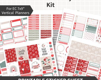 BOHO Valentine Planner Stickers Printable, Erin Condren Vertical Weekly Kit 5 Pages, Valentine’s Day Decorative & Functional Stickers ECLP