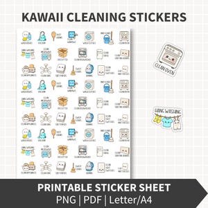 Puede incluir: Una hoja de pegatinas imprimible con iconos de limpieza estilo kawaii. La hoja incluye pegatinas con imágenes de una aspiradora, lavadora, horno y otros elementos relacionados con la limpieza. El texto en la hoja dice "KAWAII CLEANING STICKERS" y "PRINTABLE STICKER SHEET".