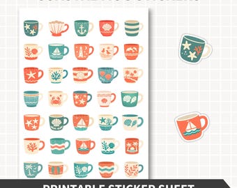 COASTAL MUG Aufkleber, Teal Coral Cream Kaffeetassen Ephemera Gouache Stil, 35 Planer Scrapbook Aufkleber Cricut Crafts Crafting