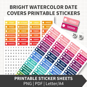May include: Bright watercolour date covers printable stickers featuring rectangular labels with days of the week in white text. Includes a sheet with numbers 1 through 31 and individual stickers for Friday and Tuesday, plus the numbers 29 and 30.