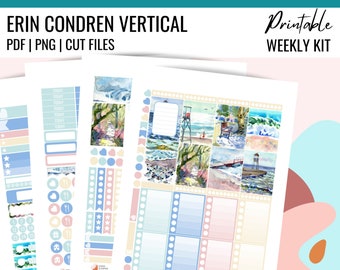 PRINTABLE COASTAL Planner Stickers, Weekly Planner Kit Erin Condren, Vertical Planner Stickers, ECLP Weekly Kit, Watercolor Painting