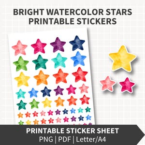Puede incluir: Una hoja de pegatinas imprimibles con filas de estrellas de acuarela en varios colores, incluyendo rojo, naranja, amarillo, verde, azul y morado. El texto dice BRIGHT WATERCOLOR STARS PRINTABLE STICKERS y PRINTABLE STICKER SHEET PNG PDF Letter/A4.