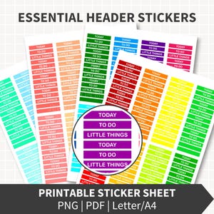 May include: A collection of colorful printable header stickers with the words "Today", "To Do", and "Little Things". The stickers are arranged on sheets with a variety of colors, including red, orange, green, and purple. The text "Essential Header Stickers" is at the top.