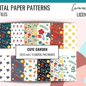 CUTE GARDEN Digital Paper Digital Pattern for Stickers, Floral Flowers Plants Planner Papers Seamless Digital Patterns, Commercial License