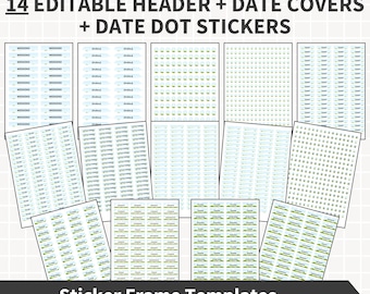 CANVA Stickers Template Bundle, 14 x Header bearbeitbare Aufkleberrahmenvorlagen Datum Covers + Dots, Wochenend-Banner, DIY-Etiketten Kommerzielle Nutzung