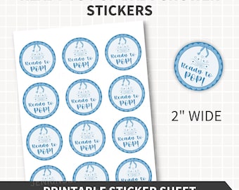 Babyparty Aufkleber 2 "Rund Blau Bereit zu Pop Druckbare Aufkleber Blatt 12 Kreis Aufkleber PNG + PDF Cupcake Toppers Party Favors Printables