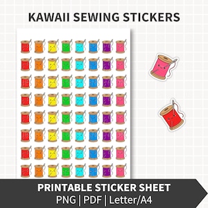 Puede incluir: Una hoja de pegatinas de costura kawaii con coloridas bobinas de hilo con caras sonrientes y agujas. La hoja incluye el texto "KAWAII SEWING STICKERS" y "PRINTABLE STICKER SHEET".