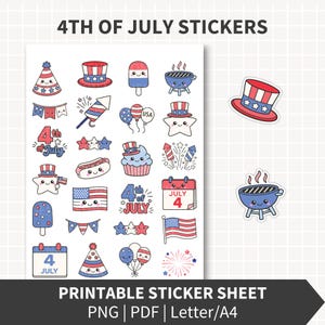 JULI 4th of JULY druckbare Aufkleber Kit, Kawaii Amerika USA Feier Sticker Kit, Planer Scrapbooking Handwerk, Unabhängigkeitstag,