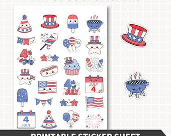 JULI 4th of JULY druckbare Aufkleber Kit, Kawaii Amerika USA Feier Sticker Kit, Planer Scrapbooking Handwerk, Unabhängigkeitstag,