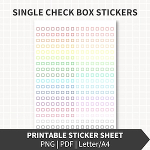 Może przedstawiać: Arkusz naklejek do druku z kolorowymi polami wyboru w tęczowym gradiencie. Tekst "SINGLE CHECK BOX STICKERS" znajduje się na górze, a "PRINTABLE STICKER SHEET" na dole.