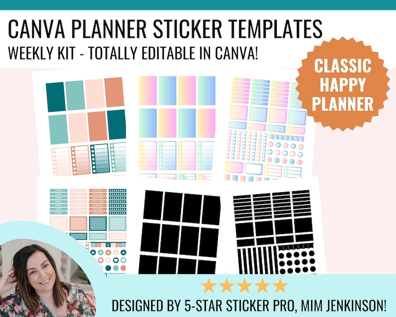 CANVA Planner Sticker Mall, Klassisk Happy Planner, Redigerbara Sticker Mallar, Veckokit, Kommersiellt bruk, Cricut, Silhuett, Anpassad bild 1