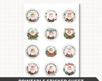 Adesivos circulares FELIZ NATAL para impressão, guirlandas de aquarela de Papai Noel, etiquetas de Natal de 2 polegadas, etiquetas para presentes, adesivos para scrapbook, download instantâneo