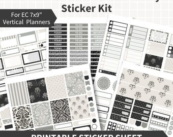 MONOCHROME DAMASK Printable Planner Stickers Kit, Black White Weekly Stickers for Erin Condren Vertical LifePlanner, 5 Sheet Kit, Download