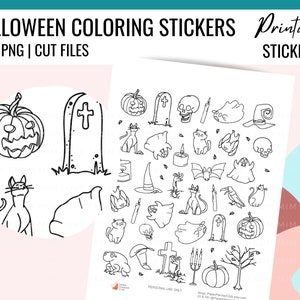 HALLOWEEN Printable Planner Stickers, Coloring Stickers, Witchy, Pumpkins, Tombstone, Printable Sticker, Functional, Print, Color, Cut Files