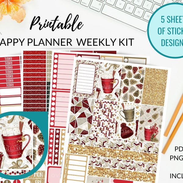 Autocollants de planificateur imprimables d’hiver, kit de planificateur hebdomadaire Classic Happy Planner, autocollants de planificateur vertical, kit hebdomadaire Happy Planner imprimable